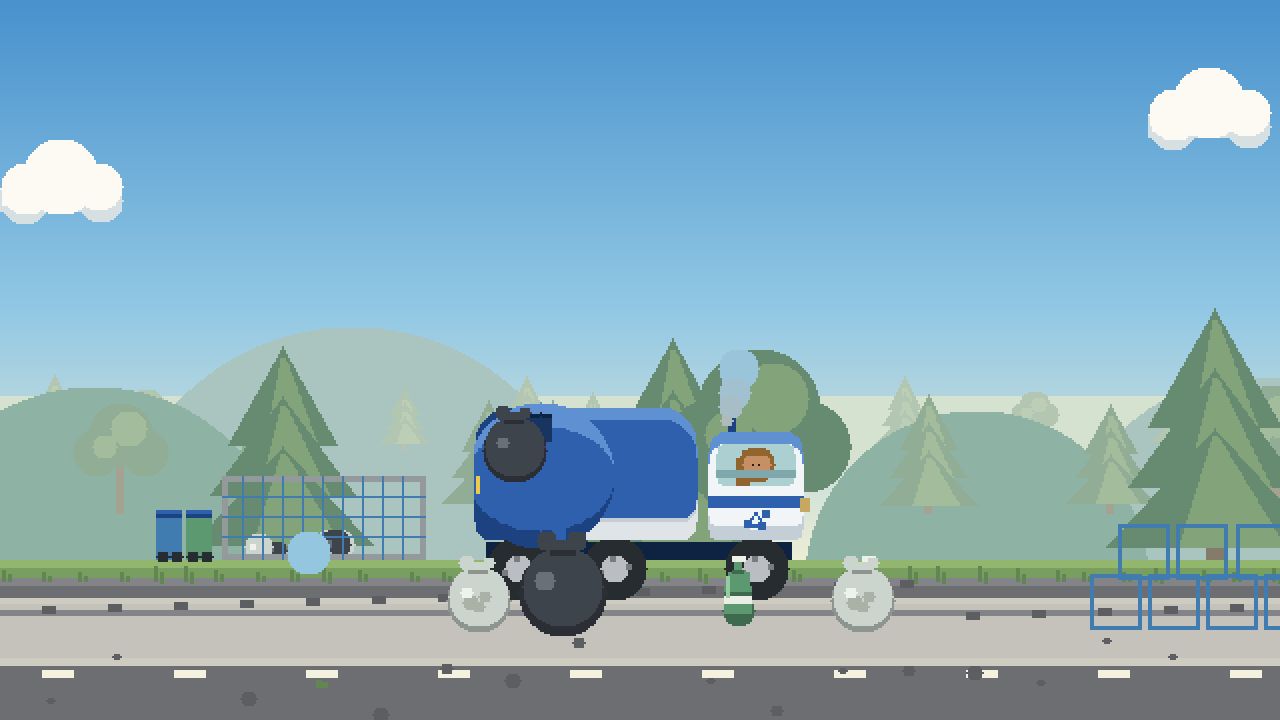A blue and white Japanese refuse truck at a collection point.