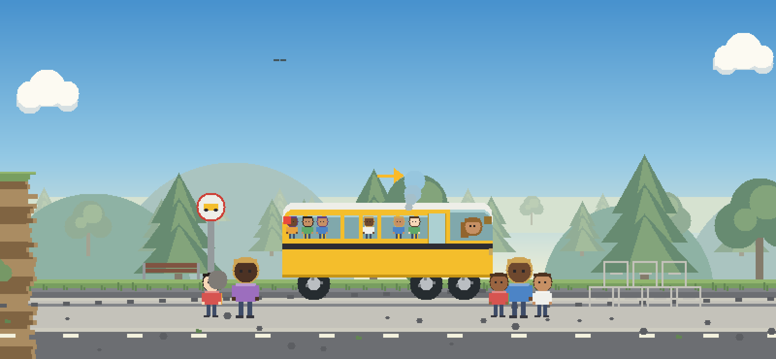 A long yellow school bus full of children, with more waiting on the pavement.