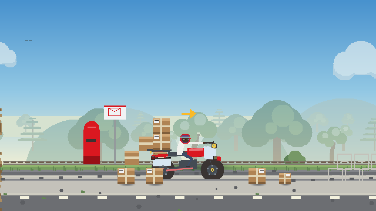 A red sport motorcycle with a rack of parcels, beside a pillar box.