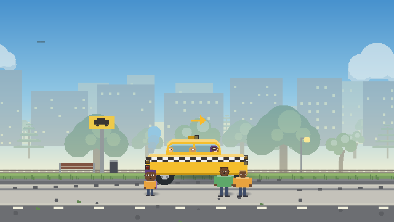 A yellow taxi with people aboard, in front of a block of flats in a town.