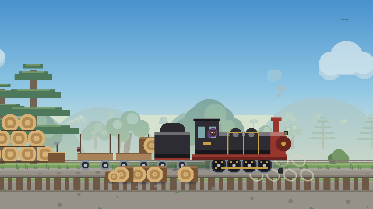 A black steam engine pulling flat wagons of logs, at a sawmill.