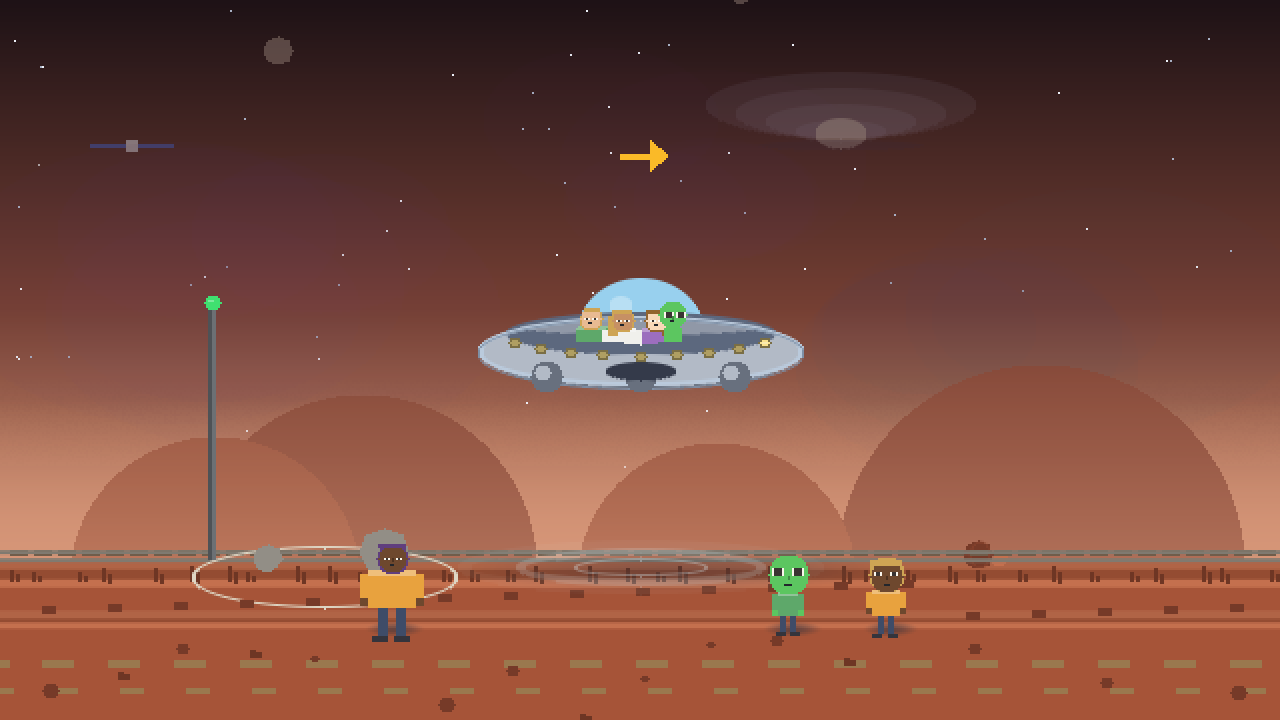 A silver saucer with a blue band hovering over a red road, three green visitors below it.