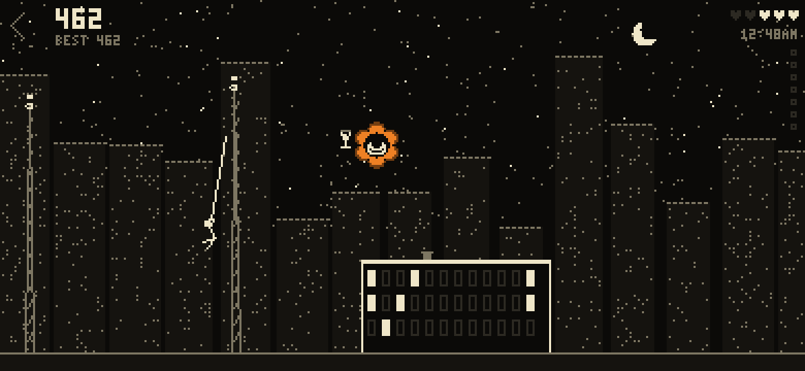 Grapple: a figure swings on a line between two masts over a night city